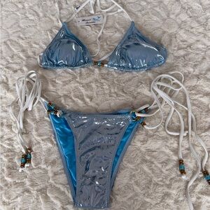 Metallic Light Blue String Bikini with Bead Accents